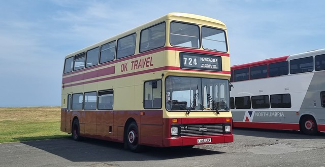 Preserved Leyland Olympian OK Travel F106 UEF seen here at the Whitley Bay Bus Rally