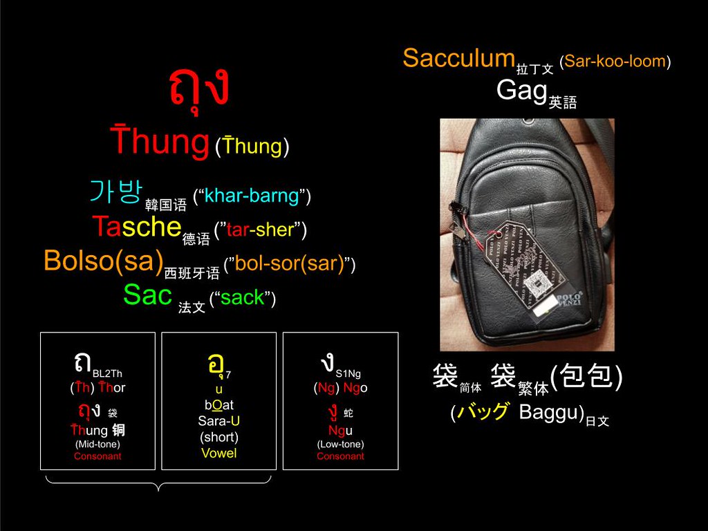 Word of the Day : ถุง (T̄hung) 袋 (袋) (バッグ baggu) Bag 가방 Tasche Beg Tas