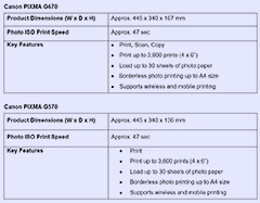 Specifications for Canon Pixma G670 and Pixma G570 home printers.