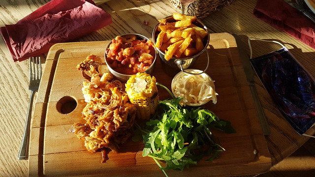 Dinner at the Sun Inn, Welshampton, Shropshire: BBQ Pulled Belly Pork Cajun Fries - Coleslaw – Crackling – Chilli BBQ Beans – Charred  Corn on the Cob