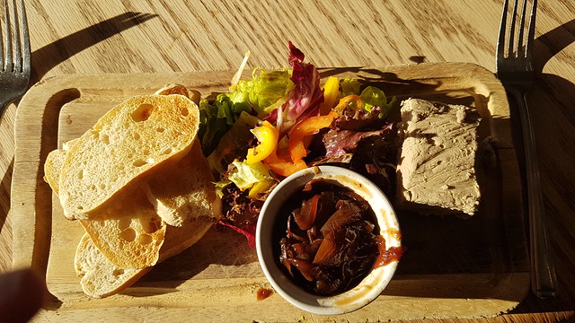 Dinner at the Sun Inn, Welshampton, Shropshire: Starter - Home made Duck Liver, Port & Thyme Pate Toasted ciabatta – Red Onion Marmalade – Mixed Leaf Salad