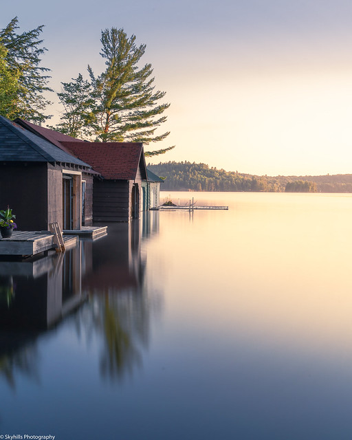 Mary Lake boathouses at sunrise.