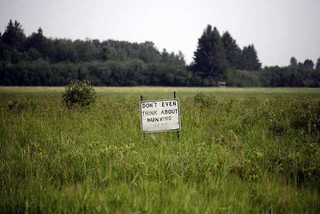 Don't Even Think About It. Don't Even Think About Hunting Here sign in Sax-Zim Bog in Meadowlands, Minnesota (haze and odd colored light due to Canadian wildfires)