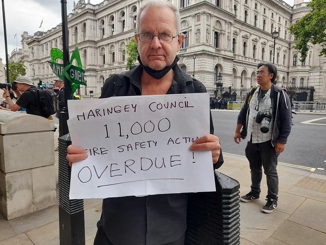 Paul at fire safety protest, Downing Street, 15 July 2021
