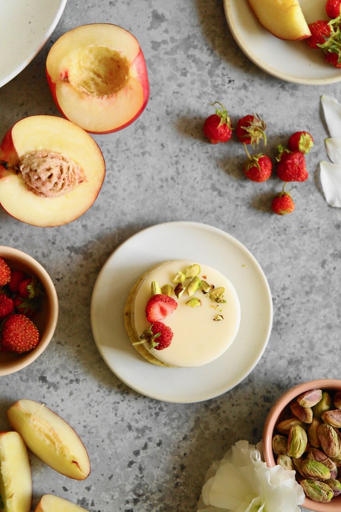 strawberry, white peach and pistachio mousse cakes