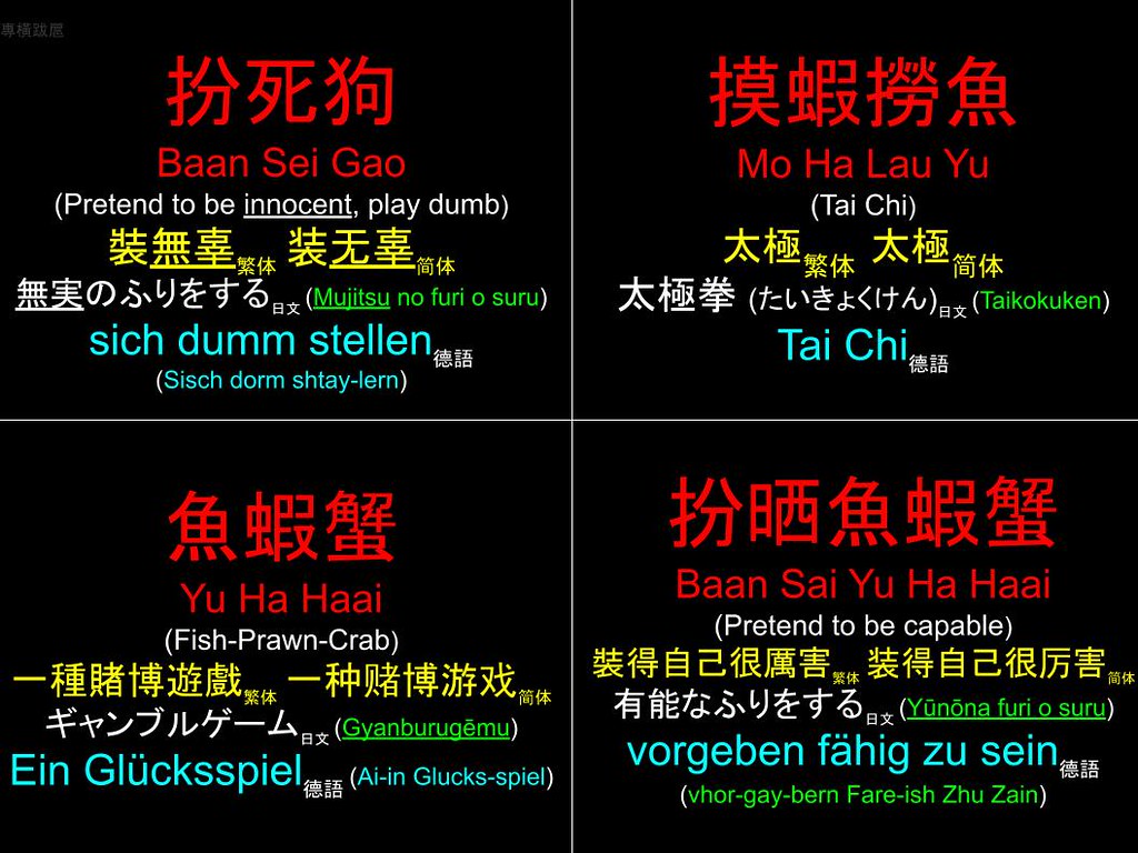 香港粵語 Hong Kong Cantonese : 扮死狗 摸蝦撈魚 魚蝦蟹 扮晒魚蝦蟹