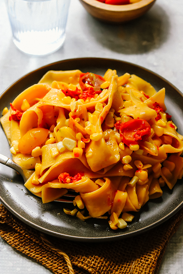 Pappardelle Pasta with Corn, Cherry Tomatoes, and Parmesan