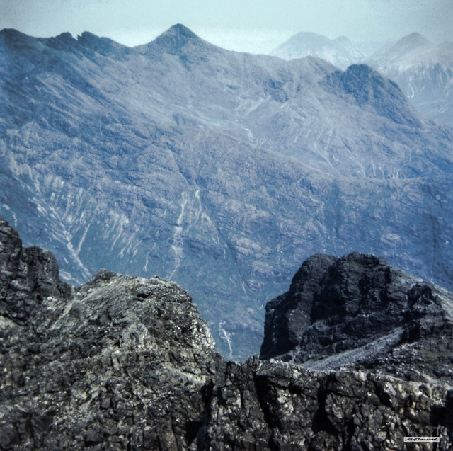 The rough, rocky, rugged splendour of Skye's iconic mountain range. Sgurr nan Gillean and ridge of the Black Cuillin from  the highest point, Sgurr Alasdair, 993 metres, 3,258 feet.