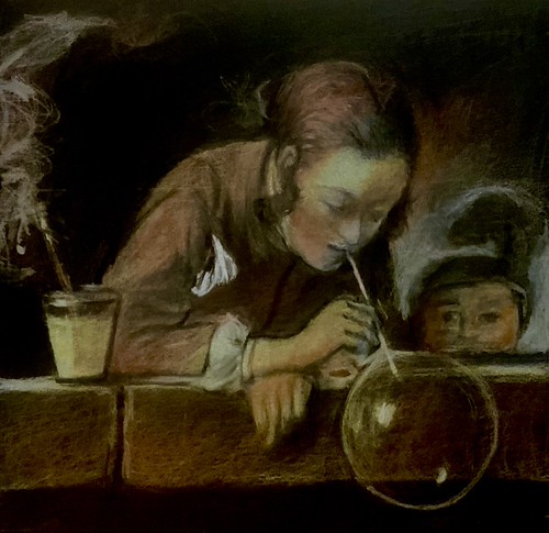 Study version of a painting by Jean-Baptiste-Siméon-Chardin, French Painter. 1699-1779. Called, Soap Bubbles. My version, a Polychromos Pencil only, drawing by jmsw on black card. | by Wuzbug