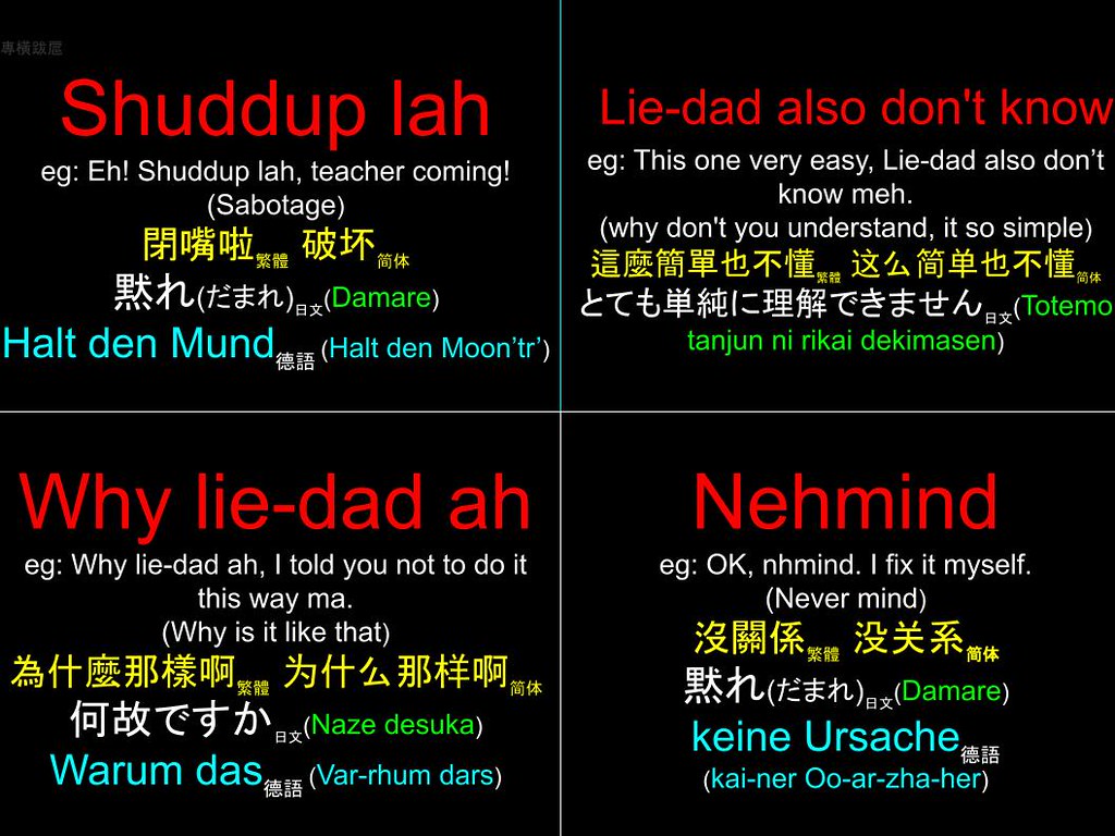 Singlish 新加坡俚語: Shudduplah, Lie-dad also don't know, Why lie-dad ah, Nehmind