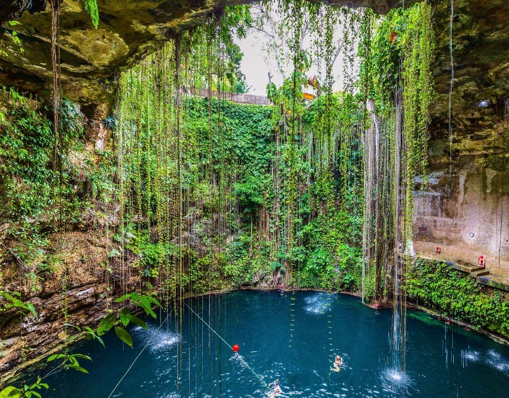 A cenote with beautiful blue water underneath and lots of vegetation coming down towards the water, from the opening in the rocks above.