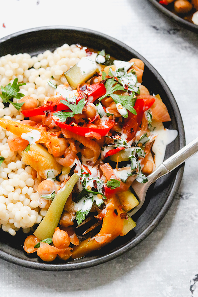 Stewed Chickpeas with Peppers, Zucchini, and Israeli Couscous