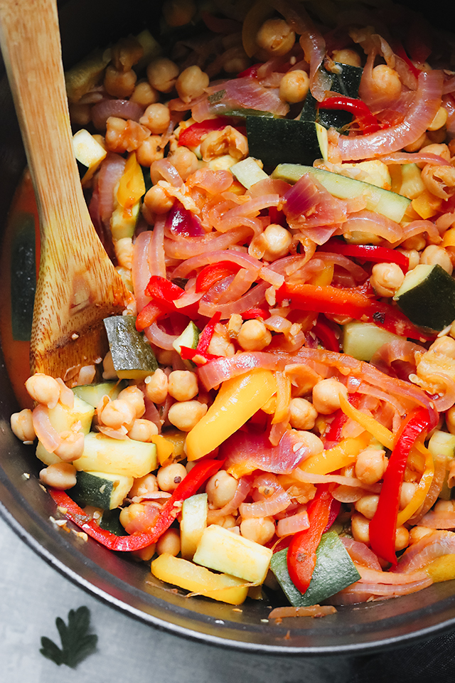Stewed Chickpeas with Peppers, Zucchini, and Israeli Couscous