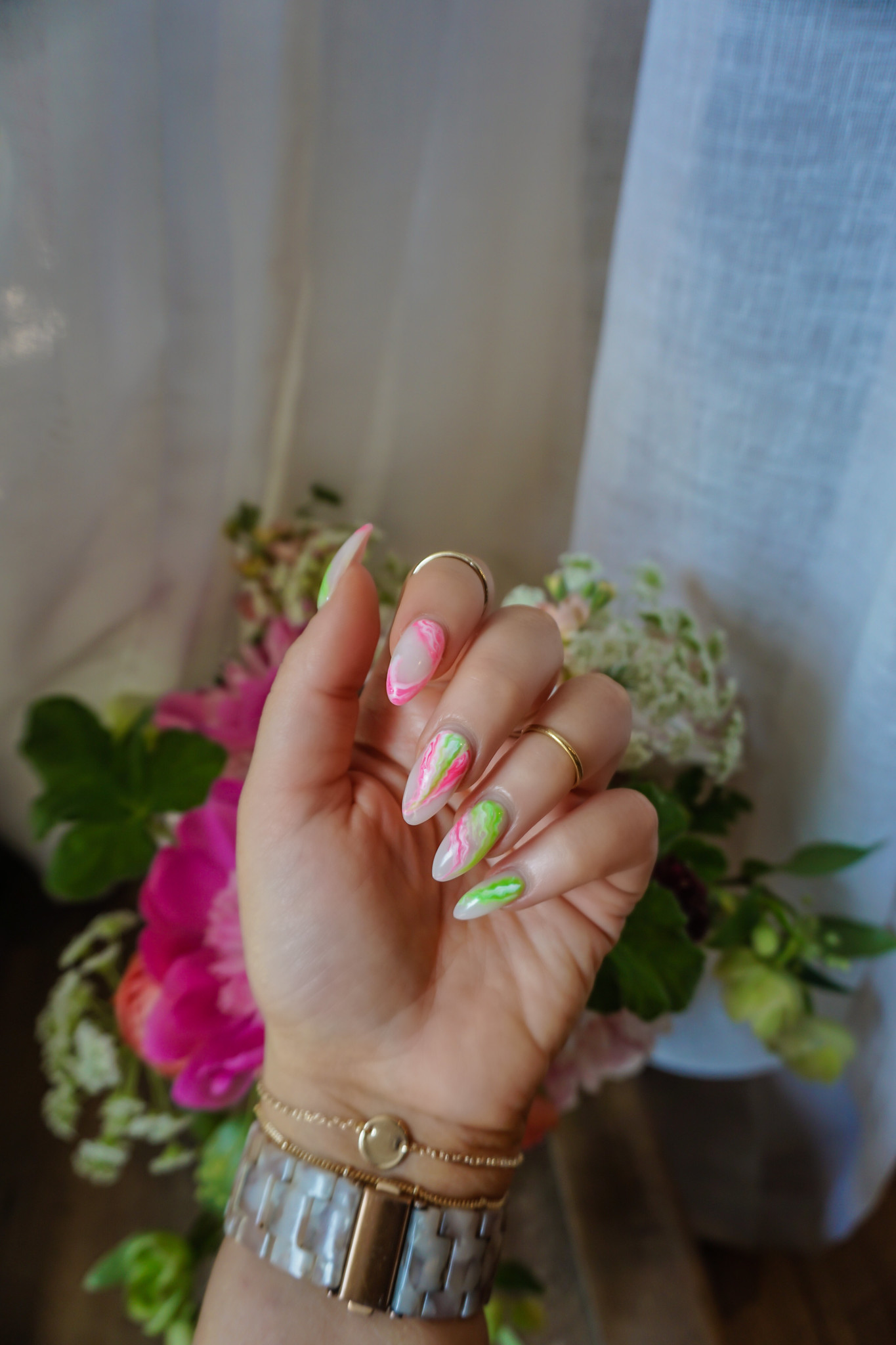 Pink & Green Marble Nails: Manicure of the Month | Summer Nails | Vacation Nails | Manicure Ideas | 2021 Nail Ideas | Nail Art | Almond Nails | Acrylic Nails | Neon Nails | Acrylic Nails