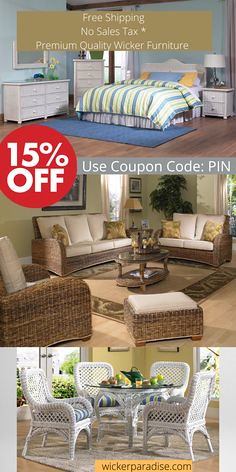 Use coupon code: PIN at checkout for 15% off. Stylish Wicker Furniture Since 1982. Wicker & Rattan Furniture for Sunrooms, Bedroom, Porch, Patio Living Areas! Follow us for home decor inspiration and tips!