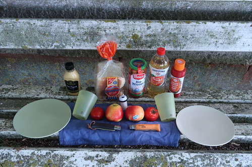 Mittagsimbiss mit Bio-Wiener-Würstchen, Sandwichbrot, Gewürzketchup bzw. Senf, Tomaten und Äpfeln