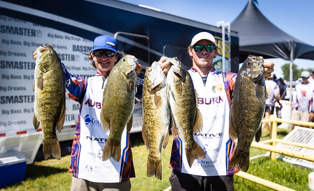 Tucker Smith and Logan Parks pose with bass caught at the Carhartt Bassmaster College Series at Saginaw Bay