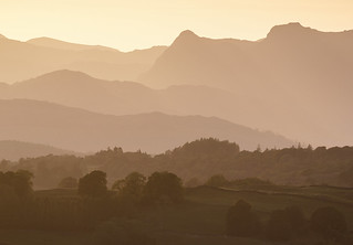 Langdale Pikes from Scout Scar, Kendal, Lake District National Park, Cumbria, UK