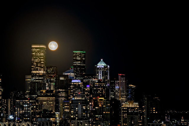 Farmer moon over Seattle