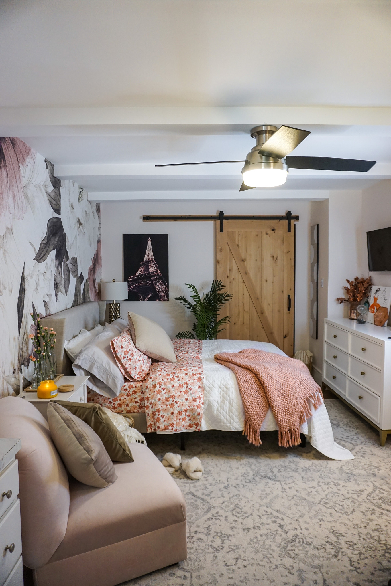 5 Ways to Freshen Up Your Bedroom this August | Bedroom Ideas | Boho Bedroom | Floral Mural Wallpaper | Pink Bedroom | Feminine Bedroom Inspiration | Flower Sheets