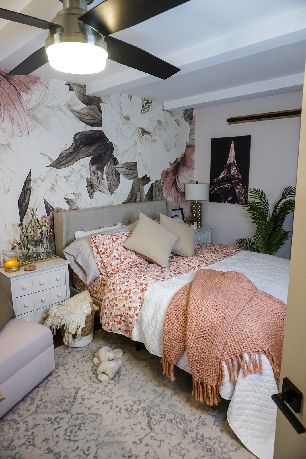 Feminine Bedroom with Floral Mural Wallpaper and Floral Bedding | Easy Ways to Refresh Your Home