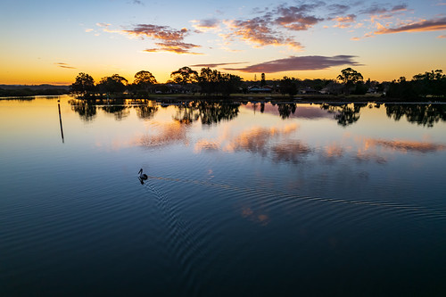 Ohmas Bay Sunset with Clouds and Reflections by Merrillie, Waterscape Sunset at Ohmas Bay in Forster-Tuncurry on the Barrington Coast, NSW, Australia.holidays 
