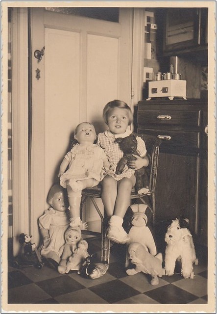 antique photo_vintage photo_photo post card_girl_doll_teddy bear_tin toy stove_soft animals_ Mickey Mouse with tricycle_France 1930s.1