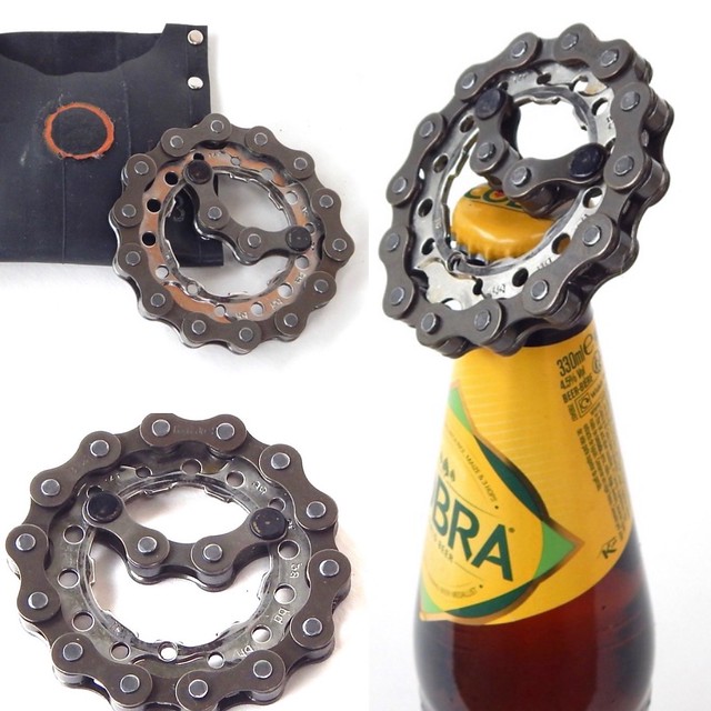 Upcycled bicycle parts bottle opener