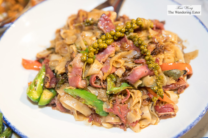 Pastrami pad kee mao - wok-tossed rice noodles, red bell pepper, young peppercorn, basil, Thai chili, pastrami
