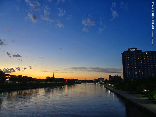 Wichita along Arkansas River at Dusk, 43 June 2021 by photography.by.ROEVER, A view of the Arkansas River at dusk, looking northward from the Waterman Street bridge just east of