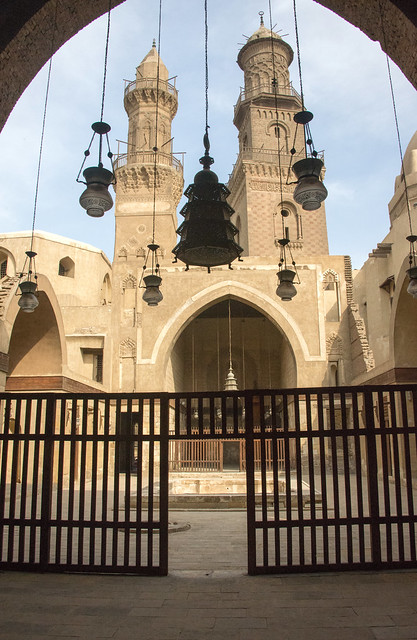 Cairo Complex of al-Nasir Muhammad 1294-1304 Mamluk Madrasa iwan east qibla Minaret (L) & Complex of Qalawun Minaret (1e)
