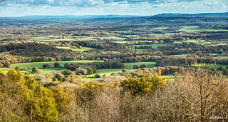 Looking south-east in Autumn, the Sussex Weald from Black Down summit, 280 metres, to the South Downs, West Sussex, England.
