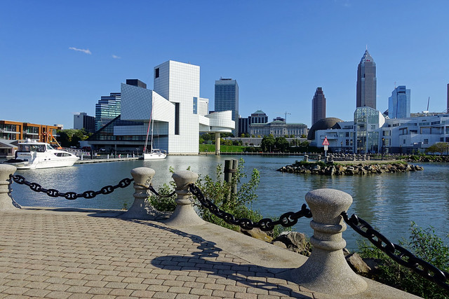 Rock and Roll Hall of Fame & Cleveland Skyline from North Coast Harbor in Cleveland, OH