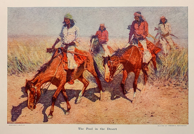 “The Pool in the Desert” by Frederic Remington, a print from the 1909 portfolio of eight Remington paintings that had earlier been published in Collier’s.