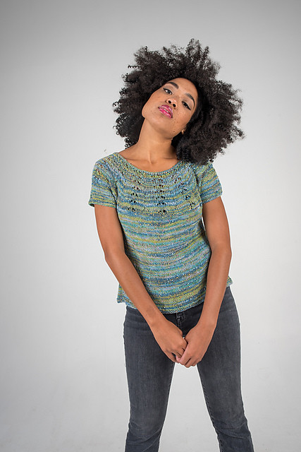 Etta by Alison Green is an everyday wear top with a subtle lace yoke that is knit top down.