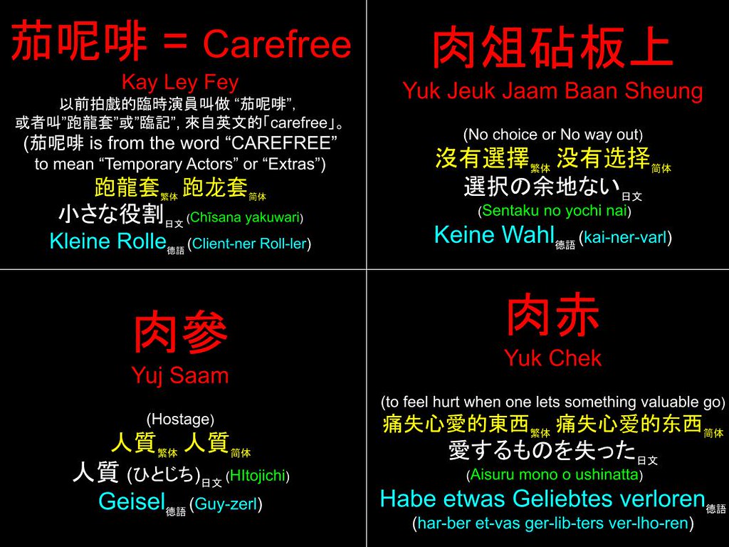 香港粵語 Hong Kong Cantonese: 茄呢啡 肉俎砧板上 肉參 肉赤