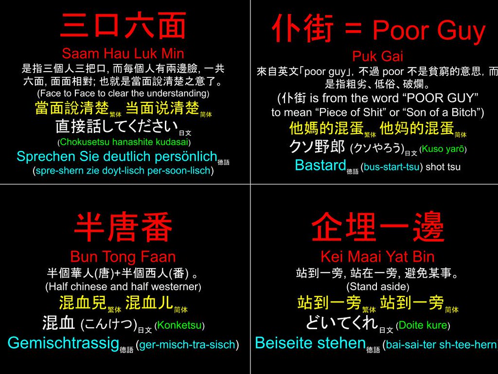 香港粵語 Hong Kong Cantonese: 三口六面 仆街 半唐番 企埋一邊