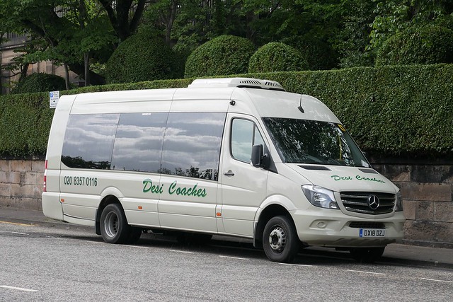 Desi Coaches of Harrow Weald Mercedes Benz Sprinter Cento Bus DX18DZJ at Regent Road, Edinburgh, on 6 August 2021.