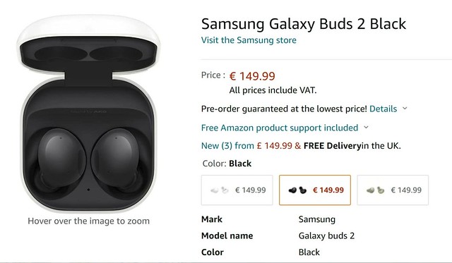 Samsung Galaxy Buds2 listed on Amazon for 149.99 Euro