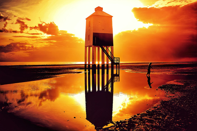 The end of days. Sunset at the Burnham-on-Sea beach lighthouse