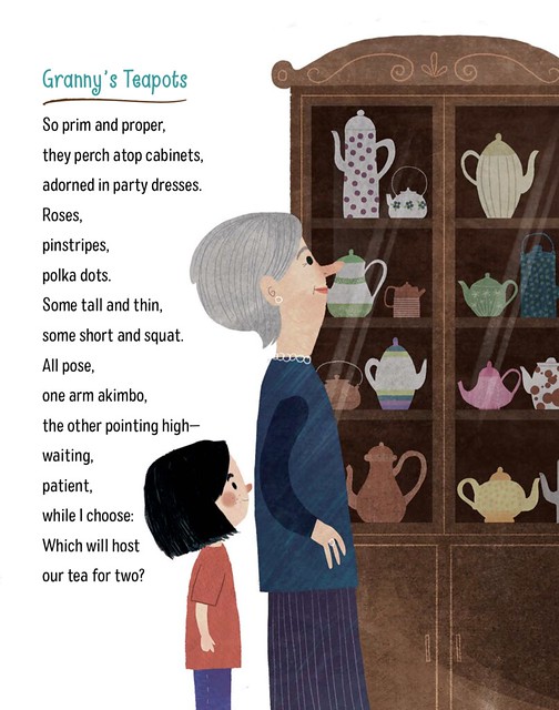 Text and Illustration for the poem Granny's Teapots written by children's poet Michelle Schaub for her children's poetry collection FINDING TREASURE A COLLECTION OF COLLECTIONS. Image shows a cabinet displaying teapots of various shapes and sizes collected by the grandma. A light skinned women with gray hair looks at the teapots with a young light skinned child with black hair and a red shirt.