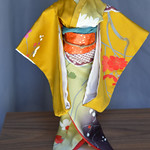 Handmade doll kimono. Buddha gold with eggplant purple gradation.