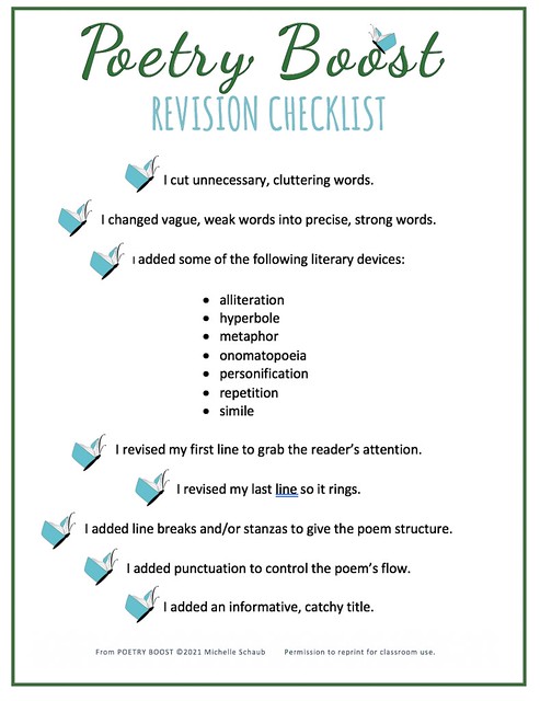 Copy of the handout Poetry Revision Checklist created by Michelle Schaub. It presents 8 action statements to help students revise their poems.