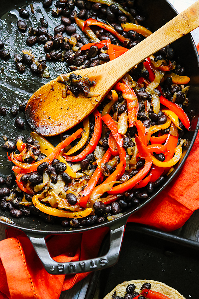 Quick Black Bean Tostadas with Peppers and Onions