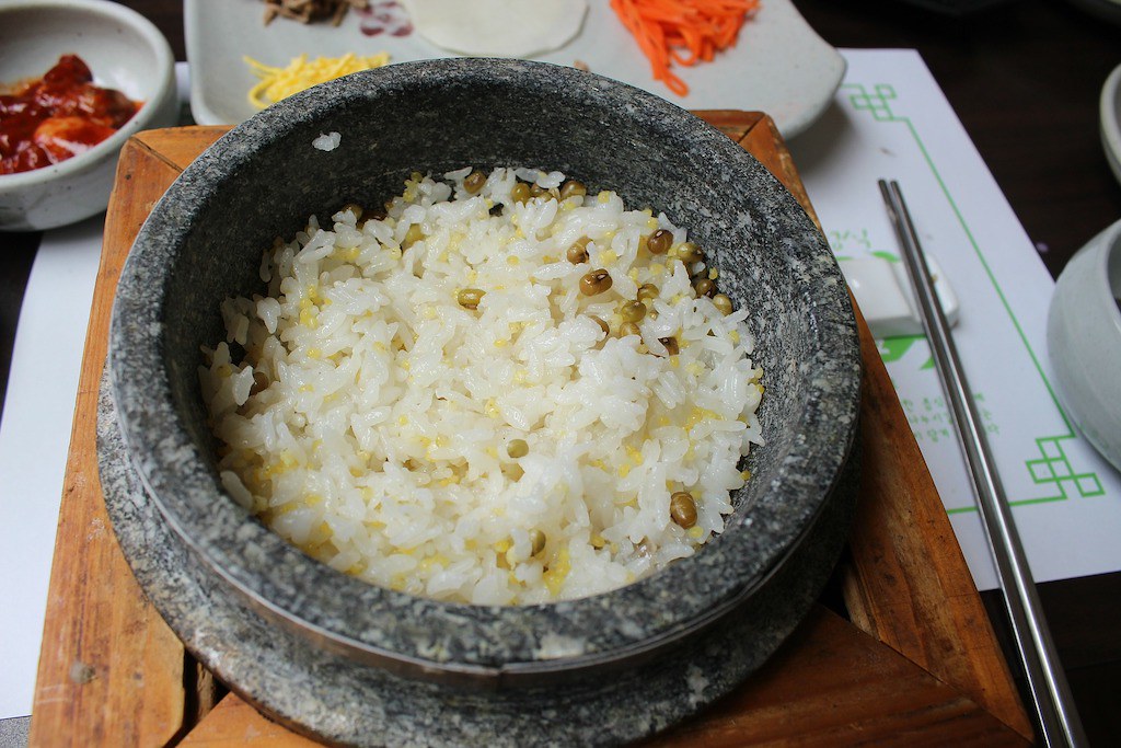 Rice sitting in a Korean stoneware bowl 
