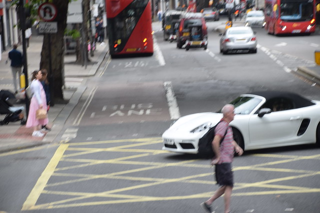 DSC_5341 London West End Bus Route #243 Kingsway Holborn Lady in Pink Summer Dress Crossing the Road. 2019 White Porsche 718 Boxster T S-A 1988 cc Sports Car E506FAY