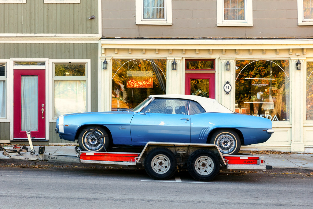 Vintage Blue Camaro on Trailer