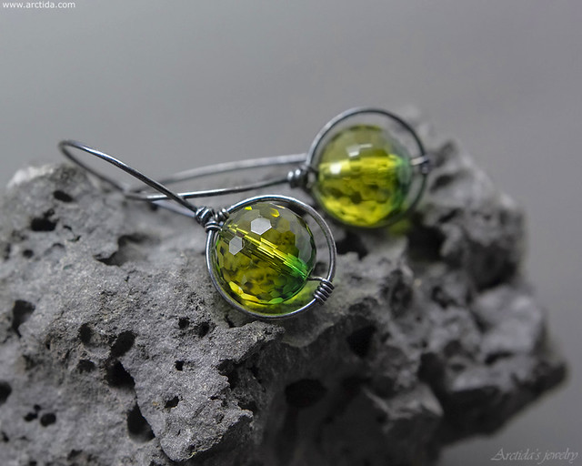 Bicolor Ametrine Quartz Green Yellow ball earrings in oxidized sterling silver