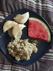 Pierogies & Stuffing with Gravy, and a Slice of Watermelon (Vegan)