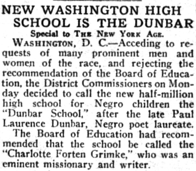 M Street High School in Washington DC will be Known as Paul Laurence Dunbar High School When It Opens At New Location - from The New York Age, January 20, 1916